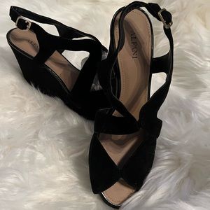 Black suede wedge sandal size 8